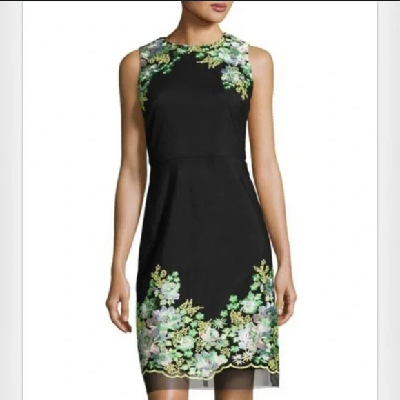 donna ricco embroidered dress 90s Vintage Donna Ricco Gingham Floral Embroidered Sheath Dress (M)